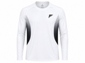 A white long-sleeve athletic shirt with black gradient side panels and a black geometric logo on the left chest, displayed on a clean white background.