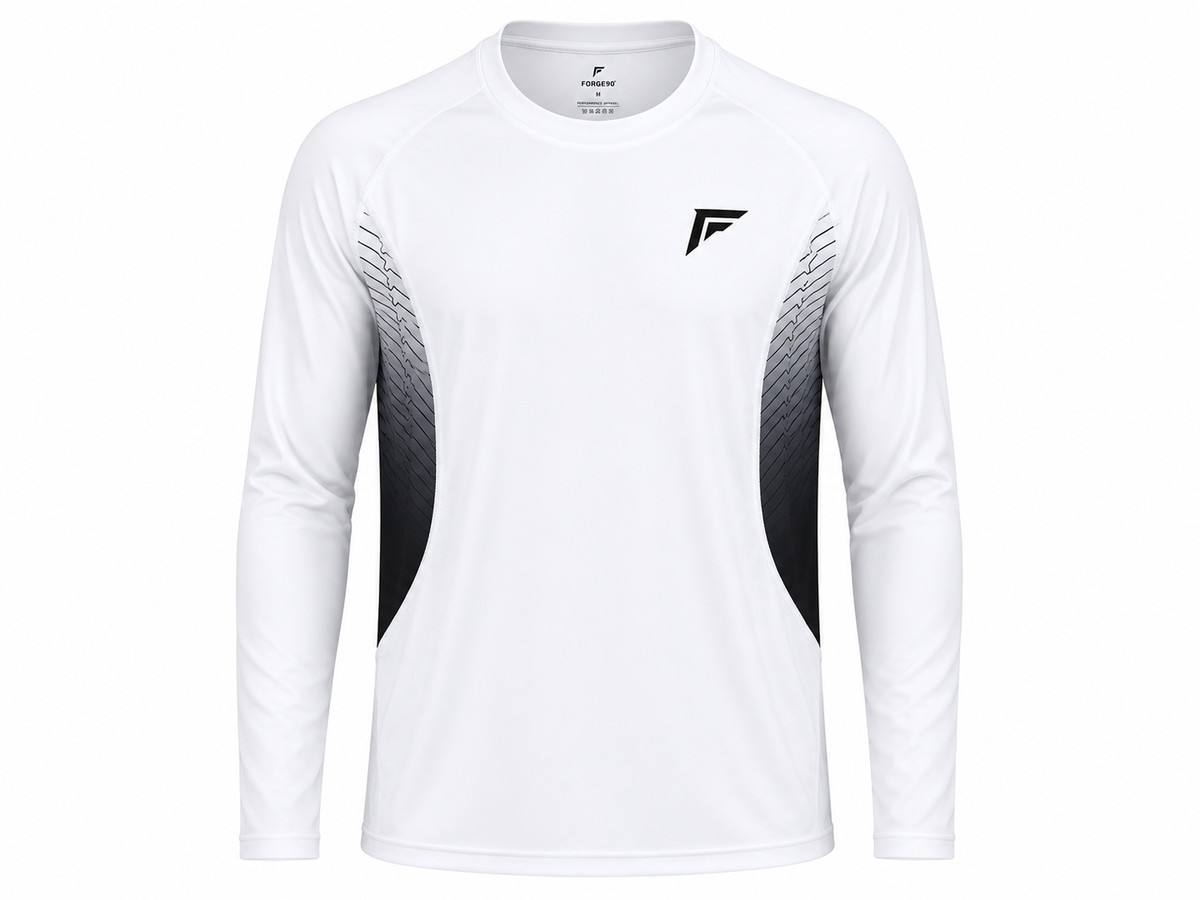 A white long-sleeve athletic shirt with black gradient side panels and a black geometric logo on the left chest, displayed on a clean white background.
